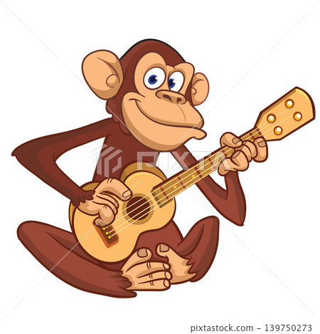 Cartoon funny brown monkey chimpanzee sitting and playing acoustic of electric guitar. Vector illustration isolated on white Cartoon funny brown monkey chimpanzee sitting and playing acoustic of electric guitar. Vector illustration isolated on white 139750273