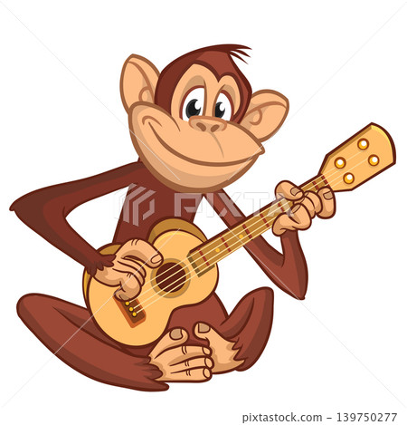 Cartoon funny brown monkey chimpanzee sitting and playing acoustic of electric guitar. Vector illustration isolated on white Cartoon funny brown monkey chimpanzee sitting and playing acoustic of electric guitar. Vector illustration isolated on white 139750277