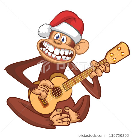 Cartoon funny brown monkey chimpanzee sitting and playing acoustic of electric guitar. Vector illustration isolated on white Cartoon funny brown monkey chimpanzee sitting and playing acoustic of electric guitar. Vector illustration isolated on white 139750293