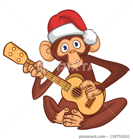Cartoon funny brown monkey chimpanzee sitting and playing acoustic of electric guitar. Vector illustration isolated on white Cartoon funny brown monkey chimpanzee sitting and playing acoustic of electric guitar. Vector illustration isolated on white 139750301