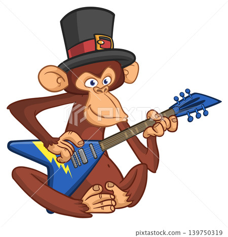 Cartoon funny brown monkey chimpanzee sitting and playing acoustic of electric guitar. Vector illustration isolated on white 139750319