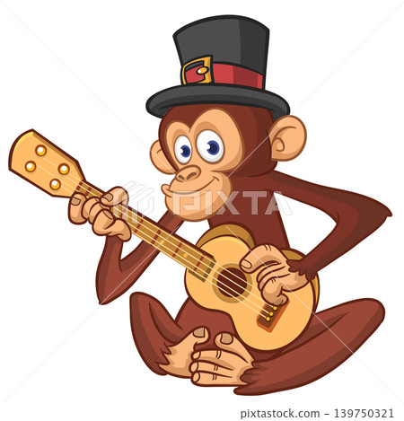 Cartoon funny brown monkey chimpanzee sitting and playing acoustic of electric guitar. Vector illustration isolated on white Cartoon funny brown monkey chimpanzee sitting and playing acoustic of electric guitar. Vector illustration isolated on white 139750321