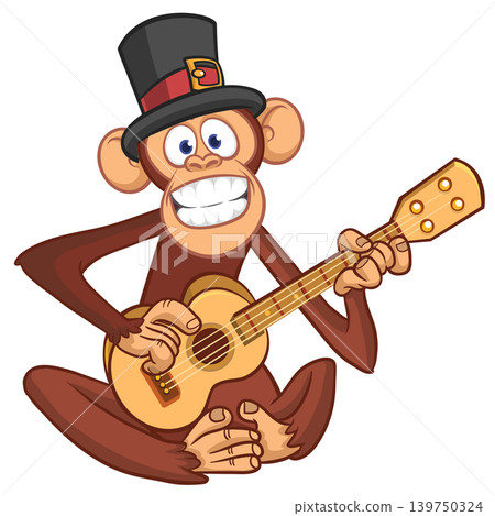 Cartoon funny brown monkey chimpanzee sitting and playing acoustic of electric guitar. Vector illustration isolated on white Cartoon funny brown monkey chimpanzee sitting and playing acoustic of electric guitar. Vector illustration isolated on white 139750324