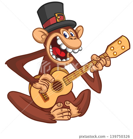 Cartoon funny brown monkey chimpanzee sitting and playing acoustic of electric guitar. Vector illustration isolated on white Cartoon funny brown monkey chimpanzee sitting and playing acoustic of electric guitar. Vector illustration isolated on white 139750326