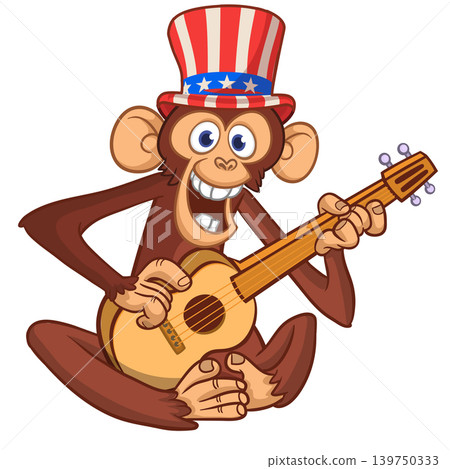 Cartoon funny brown monkey chimpanzee sitting and playing acoustic of electric guitar. Vector illustration isolated on white Cartoon funny brown monkey chimpanzee sitting and playing acoustic of electric guitar. Vector illustration isolated on white 139750333