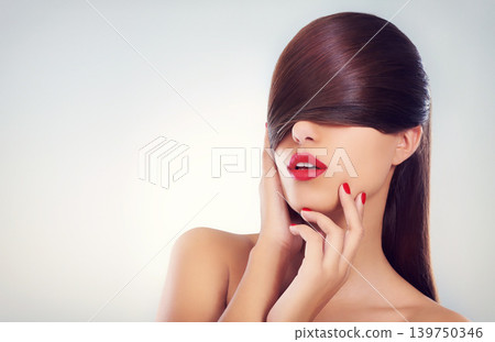 Hair, beauty and hands of woman with space in studio on white background for keratin treatment. Face, salon and mockup with confident young haircare model for shampoo, cosmetics or hairdressing Hair, beauty and hands of woman with space in studio on white background for keratin treatment. Face, salon and mockup with confident young haircare model for shampoo, cosmetics or hairdressing 139750346