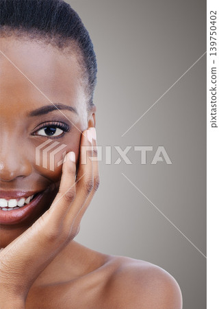 Half, face and portrait of black woman with beauty, makeup and skincare in salon, background or mockup. Happy, model and natural glow on nails and skin from cosmetics, dermatology and facial Half, face and portrait of black woman with beauty, makeup and skincare in salon, background or mockup. Happy, model and natural glow on nails and skin from cosmetics, dermatology and facial 139750402