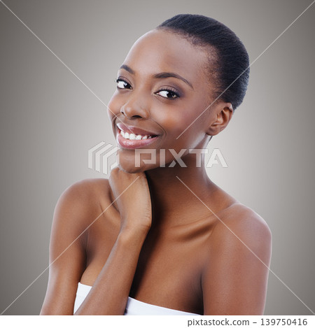 Skincare, smile and portrait of black woman in studio with beauty, natural makeup or facial glow. Cosmetics, dermatology and face of happy girl on grey background for healthy skin, shine or wellness. 139750416