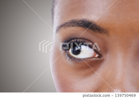 Half, face and eye of woman with vision for contact lenses and healthcare in studio background mockup. Optometry, eyesight and African model seeing, visual or search perception in optical exam Half, face and eye of woman with vision for contact lenses and healthcare in studio background mockup. Optometry, eyesight and African model seeing, visual or search perception in optical exam 139750469