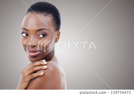 Skincare, mock up and face of black woman in studio with smile, natural makeup and healthy glow. Cosmetics, dermatology and beauty model on grey background space for happy, shine or wellness. Skincare, mock up and face of black woman in studio with smile, natural makeup and healthy glow. Cosmetics, dermatology and beauty model on grey background space for happy, shine or wellness. 139750473