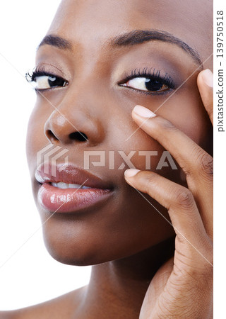 Skincare, beauty and portrait of black woman on a white background for wellness, cosmetics and makeup. Dermatology, salon and person touch face with glow, aesthetic and confidence in studio Skincare, beauty and portrait of black woman on a white background for wellness, cosmetics and makeup. Dermatology, salon and person touch face with glow, aesthetic and confidence in studio 139750518
