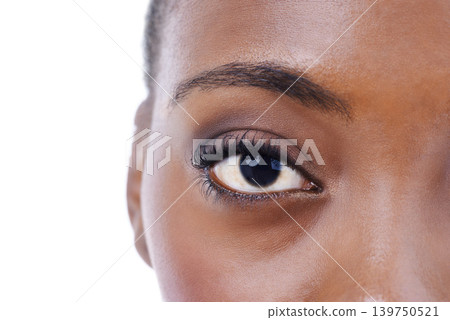 Half, face and eye of black woman closeup for beauty or dermatology in white background mockup. Skincare, portrait and African model with natural glow from makeup, cosmetics or facial in studio Half, face and eye of black woman closeup for beauty or dermatology in white background mockup. Skincare, portrait and African model with natural glow from makeup, cosmetics or facial in studio 139750521