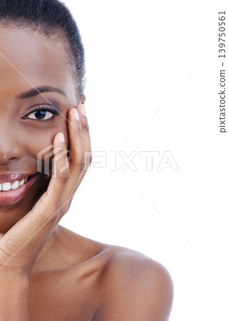 Woman, portrait and smile in skincare in studio or dermatology treatment, wellness or white background. Black person, model and face with mockup space for cosmetic health or makeup, shine or Kenya 139750561