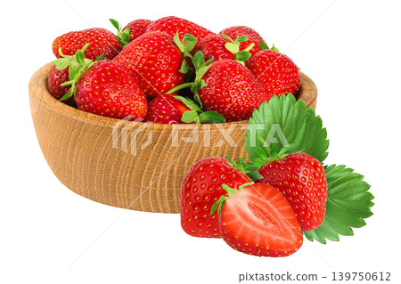 Strawberry in a wooden bowl isolated on white background Strawberry in a wooden bowl isolated on white background 139750612