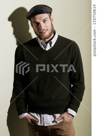 Fashion, smile and young man in a studio with classy, elegant and fancy outfit and hat. Happy, handsome and portrait of male person from Australia with style and accessory isolated by gray background 139750614