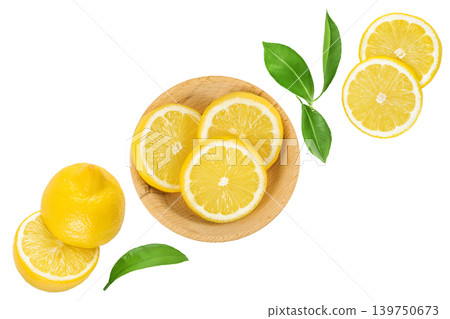Ripe lemon slices in wooden bowl isolated on white background. Top view. Flat lay. Ripe lemon slices in wooden bowl isolated on white background. Top view. Flat lay. 139750673