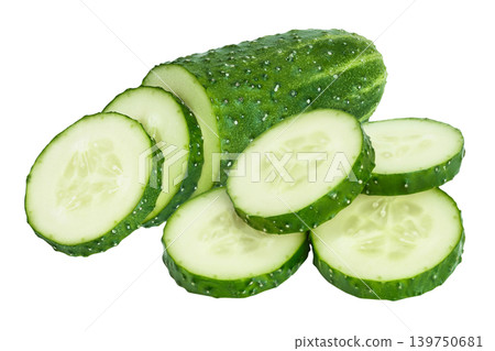 Sliced cucumber isolated on white background with  full depth of field, 139750681