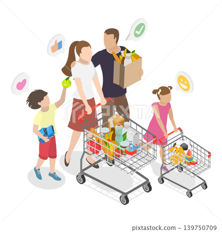 3D Isometric Flat Vector Illustration of Shoppers at Hypermarket, Family Members Maneuver Through Supermarket, Kids Excited For Treats, Parents Managing Shopping Lists. Item 1 139750709