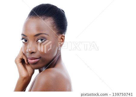 Mockup, skincare and portrait of black woman in studio with beauty, natural makeup or facial glow. Cosmetics, dermatology or face of girl on white background space for healthy skin, shine or wellness Mockup, skincare and portrait of black woman in studio with beauty, natural makeup or facial glow. Cosmetics, dermatology or face of girl on white background space for healthy skin, shine or wellness 139750741