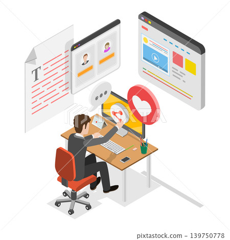 3D Isometric Flat Vector Illustration of Social Media Marketing, Communication, Promotion Strategy. Item 3 3D Isometric Flat Vector Illustration of Social Media Marketing, Communication, Promotion Strategy. Item 3 139750778