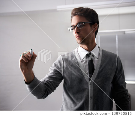 Businessman, writing and glass with marker in workplace, brainstorming and planning with idea in office. Consultant, thinking or pen in problem solving, strategy or solution plan in corporate career Businessman, writing and glass with marker in workplace, brainstorming and planning with idea in office. Consultant, thinking or pen in problem solving, strategy or solution plan in corporate career 139750815
