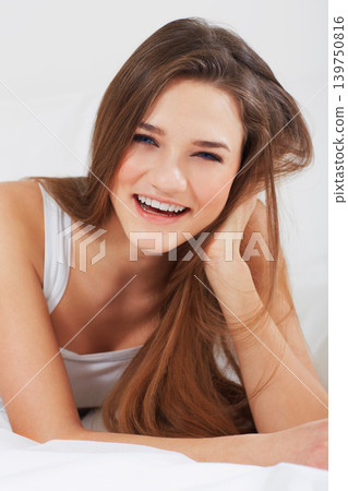 Woman relax in portrait, natural beauty and smile with dermatology and cosmetic care for clear skin. Young model from London, happy with skincare at home and long hair with shine from treatment 139750816