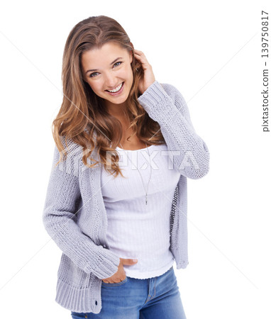 Fashion, confident and portrait of happy woman on a white background with style, clothes and outfit. Attractive, smile and face of isolated person with positive attitude, pride and relax in studio Fashion, confident and portrait of happy woman on a white background with style, clothes and outfit. Attractive, smile and face of isolated person with positive attitude, pride and relax in studio 139750817