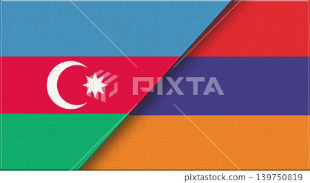 Azerbaijan and Armenia flags on fabric texture for international relations Azerbaijan and Armenia flags on fabric texture for international relations 139750819
