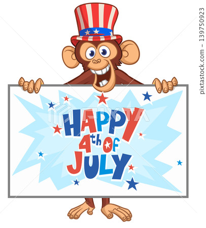 Cartoon monkey chimpanzee holding blank empty white paper for menu or greetings. Vector illustration for America Independence 4th of July Cartoon monkey chimpanzee holding blank empty white paper for menu or greetings. Vector illustration for America Independence 4th of July 139750923