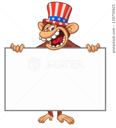 Cartoon monkey chimpanzee holding blank empty white paper for menu or greetings. Vector illustration for America Independence 4th of July Cartoon monkey chimpanzee holding blank empty white paper for menu or greetings. Vector illustration for America Independence 4th of July 139750925