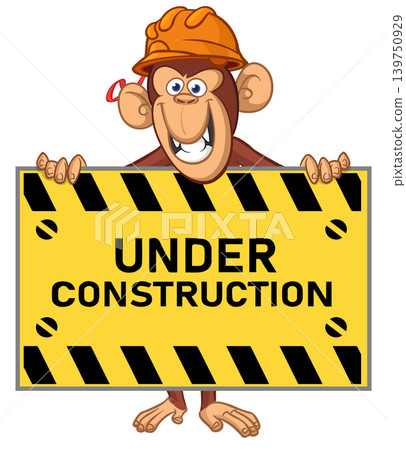 Cartoon monkey chimpanzee holding blank empty white paper and helmet. Vector illustration for Under Construction notice Cartoon monkey chimpanzee holding blank empty white paper and helmet. Vector illustration for Under Construction notice 139750929