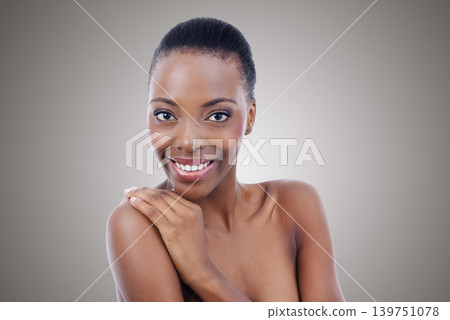 Skincare, gray background and portrait of black woman for wellness, cosmetics and natural glow in studio. Dermatology, beauty aesthetic and face of person for glamour, luxury spa and facial treatment Skincare, gray background and portrait of black woman for wellness, cosmetics and natural glow in studio. Dermatology, beauty aesthetic and face of person for glamour, luxury spa and facial treatment 139751078