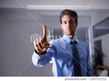 Businessman, touch and finger interface for futuristic technology, glasses and tech innovation in office. Entrepreneur, virtual or search with hand on screen, choice or serious professional at work Businessman, touch and finger interface for futuristic technology, glasses and tech innovation in office. Entrepreneur, virtual or search with hand on screen, choice or serious professional at work 139751112