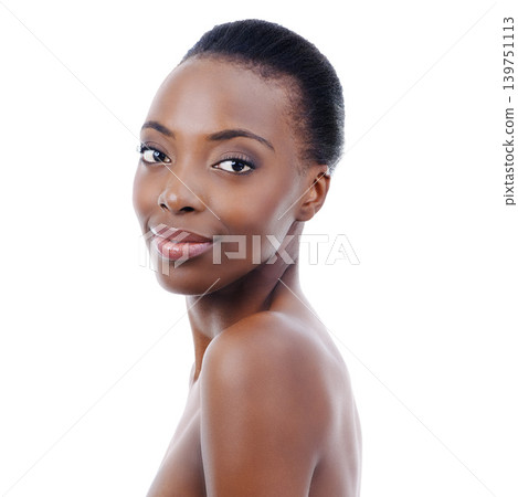 Skincare, dermatology and portrait of black woman in studio with smile, natural makeup or facial glow. Cosmetics, beauty and face girl on white background for healthy skin care, shine or wellness. Skincare, dermatology and portrait of black woman in studio with smile, natural makeup or facial glow. Cosmetics, beauty and face girl on white background for healthy skin care, shine or wellness. 139751113
