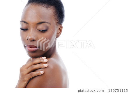 Hand, skin and natural beauty with black woman in studio, dermatology and wellness on white background. Healthy glow, clean skincare and hygiene with treatment, facial and body care with cosmetics Hand, skin and natural beauty with black woman in studio, dermatology and wellness on white background. Healthy glow, clean skincare and hygiene with treatment, facial and body care with cosmetics 139751115