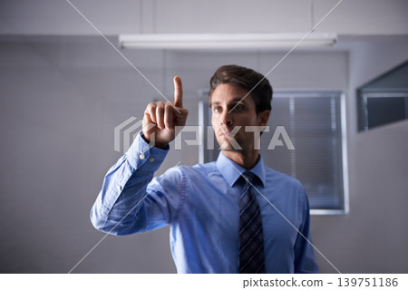 Businessman, finger and virtual screen for information technology with ai, thinking and innovation in office. Young person, vision or idea planning in data analysis professional or vr search at work Businessman, finger and virtual screen for information technology with ai, thinking and innovation in office. Young person, vision or idea planning in data analysis professional or vr search at work 139751186