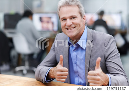 Smile, thumbs up and portrait of business man in office for success, yes and agreement. Happy, manager and pride with mature employee in agency startup for professional, achievement and approval 139751187