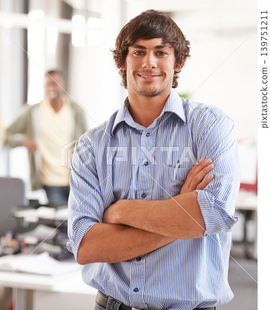 Arms crossed, smile and portrait of business man in startup agency for creative, manager and designer. Professional, consultant and advisor with face of employee in office for entrepreneur career Arms crossed, smile and portrait of business man in startup agency for creative, manager and designer. Professional, consultant and advisor with face of employee in office for entrepreneur career 139751211