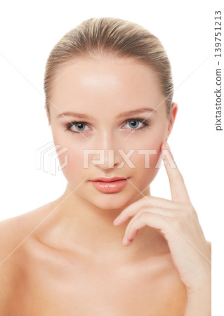 Woman, makeup and beauty with portrait, hand and model for skin or clean cosmetics on white background. Studio, face and headshot with shine and skincare for facial glow, cosmetology or grooming Woman, makeup and beauty with portrait, hand and model for skin or clean cosmetics on white background. Studio, face and headshot with shine and skincare for facial glow, cosmetology or grooming 139751213