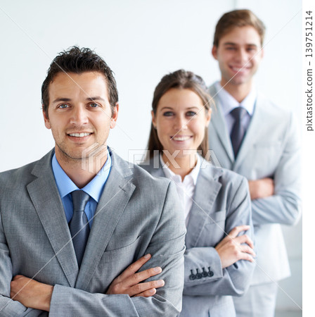 Businessman, portrait and leader with team, arms crossed and happy for future in finance career. Colleagues, accountants in suit and professional in workplace, people in background and confident Businessman, portrait and leader with team, arms crossed and happy for future in finance career. Colleagues, accountants in suit and professional in workplace, people in background and confident 139751214
