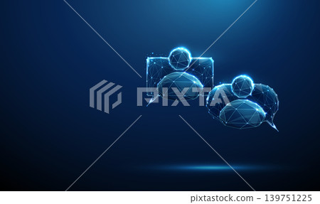 3D blue chat bubbles with avatar icons. Communication, social messaging, online conversation, customer service, networking, dialogue, feedback, engagement, support concept 139751225