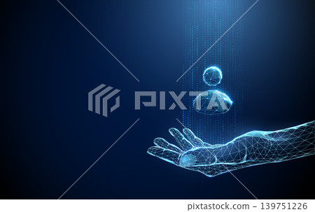 3D blue hand with dots and avatar icon. Identification, biometric scan, personal data, user authentication, fingerprint, recognition, profile access, security concept 139751226