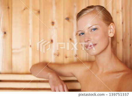 Woman, portrait or wellness in sauna for health, detox or sweat for skincare, heat therapy and anti aging. Person, face or wood steam room for weight loss, stress relief or zen with beauty treatment 139751337