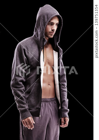 Fashion, body and fitness man in studio with hoodie, jacket or gym, clothes or style choice on black background. Exercise, chest or profile of confident male model with comfortable workout outfit Fashion, body and fitness man in studio with hoodie, jacket or gym, clothes or style choice on black background. Exercise, chest or profile of confident male model with comfortable workout outfit 139751354