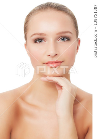 Woman, makeup and beauty with portrait, face and model for skin, cosmetics on white background. Topless, beautiful and headshot with shine, skincare or clean for facial glow, dermatology or grooming Woman, makeup and beauty with portrait, face and model for skin, cosmetics on white background. Topless, beautiful and headshot with shine, skincare or clean for facial glow, dermatology or grooming 139751387