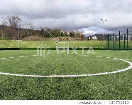 close-up of artificial turf on a football pitch with a view of the goal close-up of artificial turf on a football pitch with a view of the goal 139751413