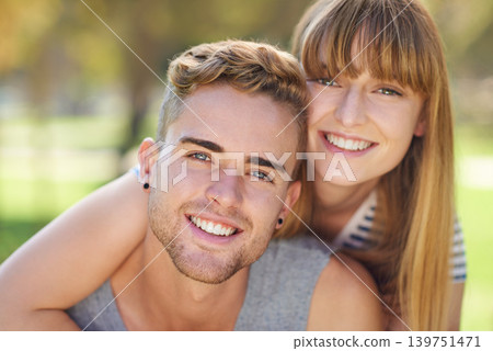Portrait, sunshine and couple with love, hug and happiness with marriage and bonding together. Face, embrace and man with woman and relationship with romance and outdoor for a date with fun in a park 139751471