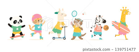 Cute Animal Sports Set Vector Illustration. Panda on Skateboard, Cat on Roller Skates, Llama on Scooter, Otter Playing Badminton, Zebra With Basketball and Giraffe With Surfboard 139751477
