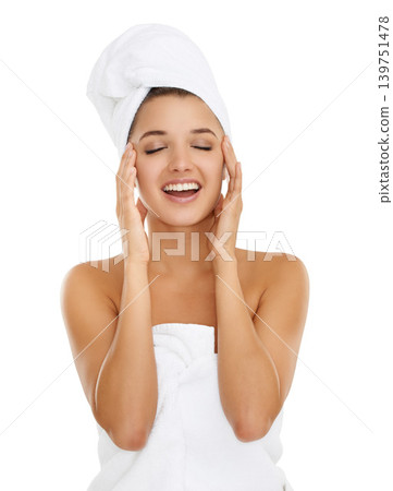 Towel, beauty studio and woman happy for morning routine, self care treatment or feeling collagen results. Bathroom, eyes closed and girl with skincare, hygiene or clean skin on white background Towel, beauty studio and woman happy for morning routine, self care treatment or feeling collagen results. Bathroom, eyes closed and girl with skincare, hygiene or clean skin on white background 139751478