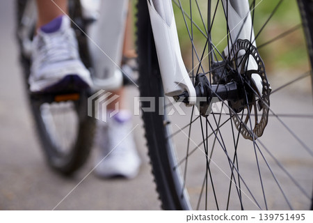Person, bicycle and feet for fitness, road or adventure for speed, exercise and race on street in countryside. Athlete, bike and shoes for training, path and outdoor for challenge in Cape Town 139751495